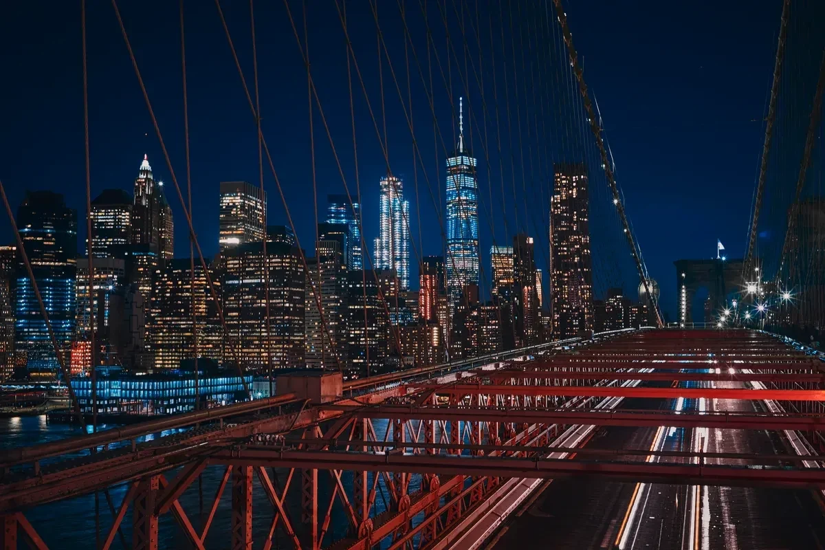 The Brooklyn Bridge at dusk, walked on a six-hour NYC bus and boat tour