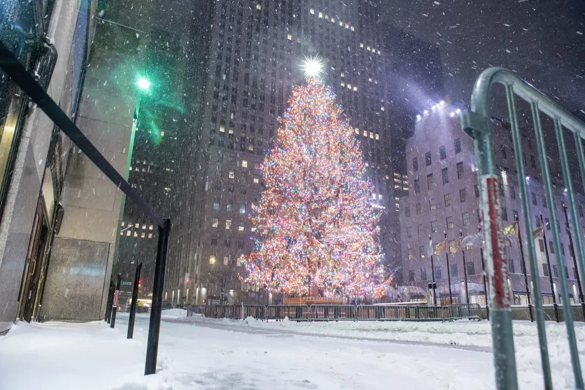 The Rockefeller Center Christmas tree in snow, part of NYC holiday lights bus tours